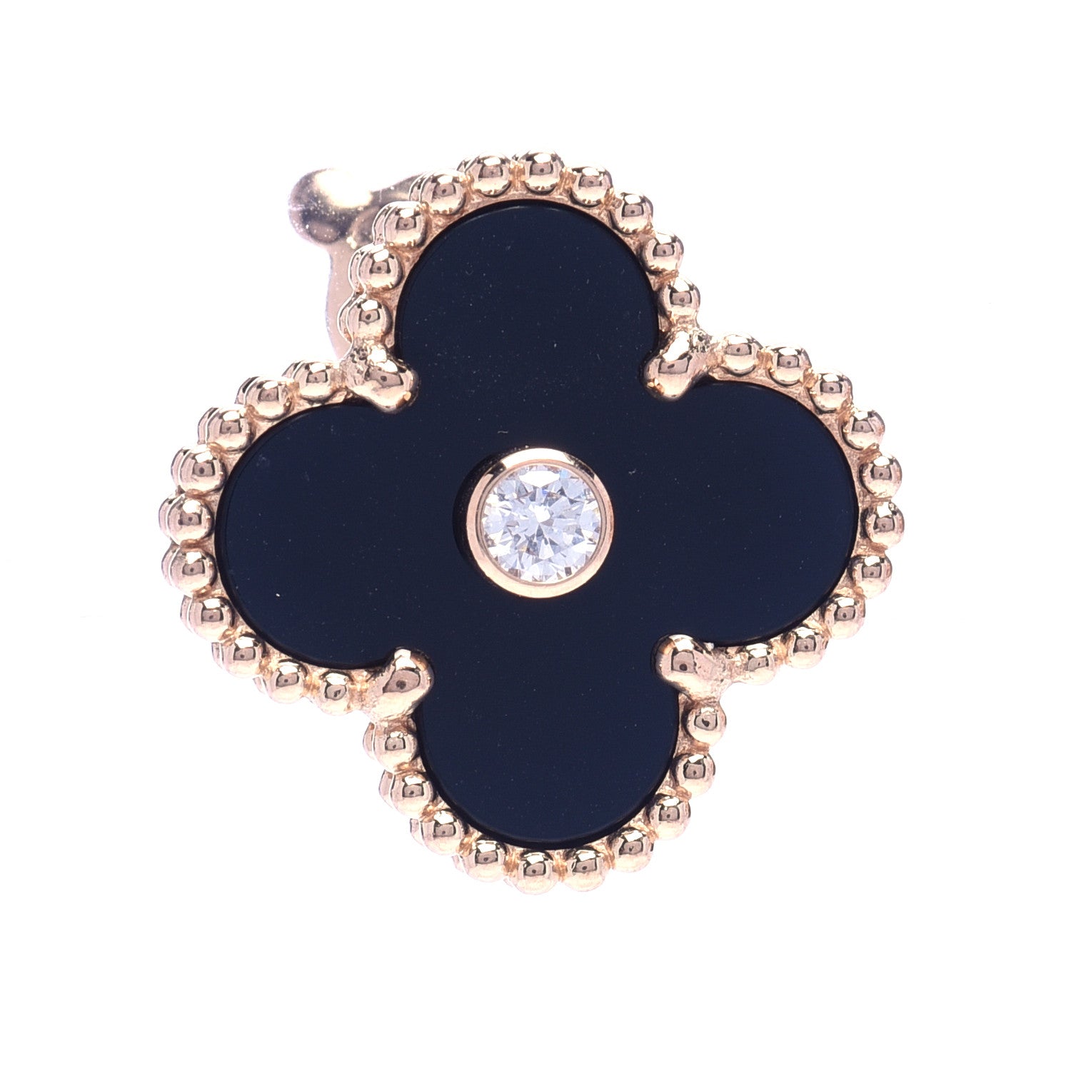 Van Cleef & Arpels 18K Rose Gold Diamond Black Onyx Vintage Alhambra Earrings 6 of 7