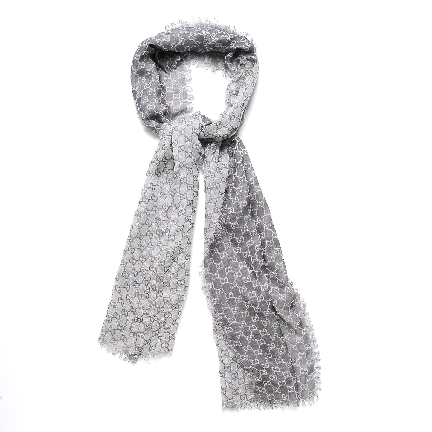 Wool Silk Linen Monogram Fringe Scarf Gray