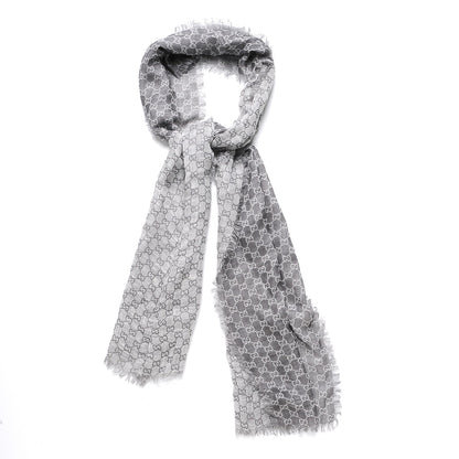 Gucci Wool Silk Linen Monogram Fringe Scarf Gray 1 of 4