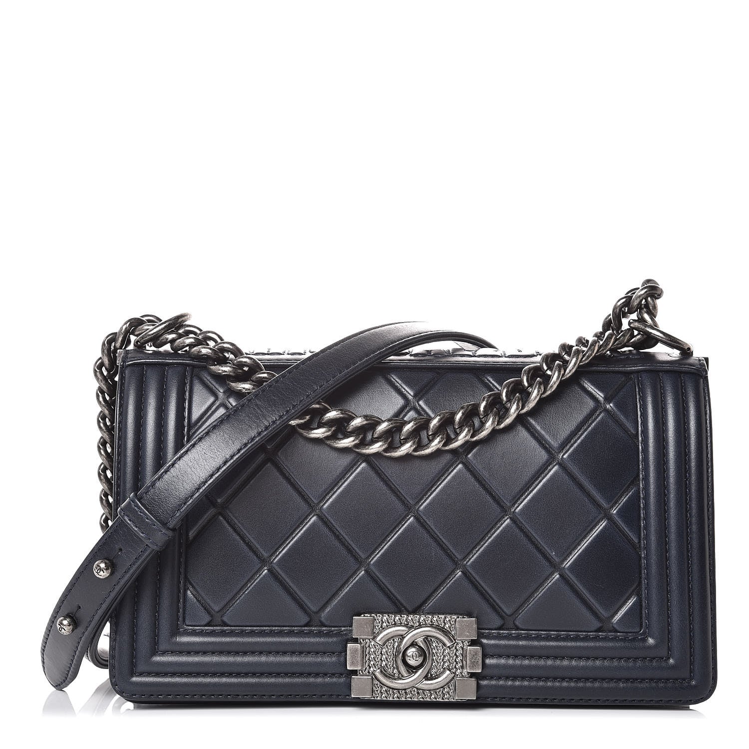 Chanel Calfskin Embossed Medium Paris Salzburg Boy Flap Navy 1 of 10