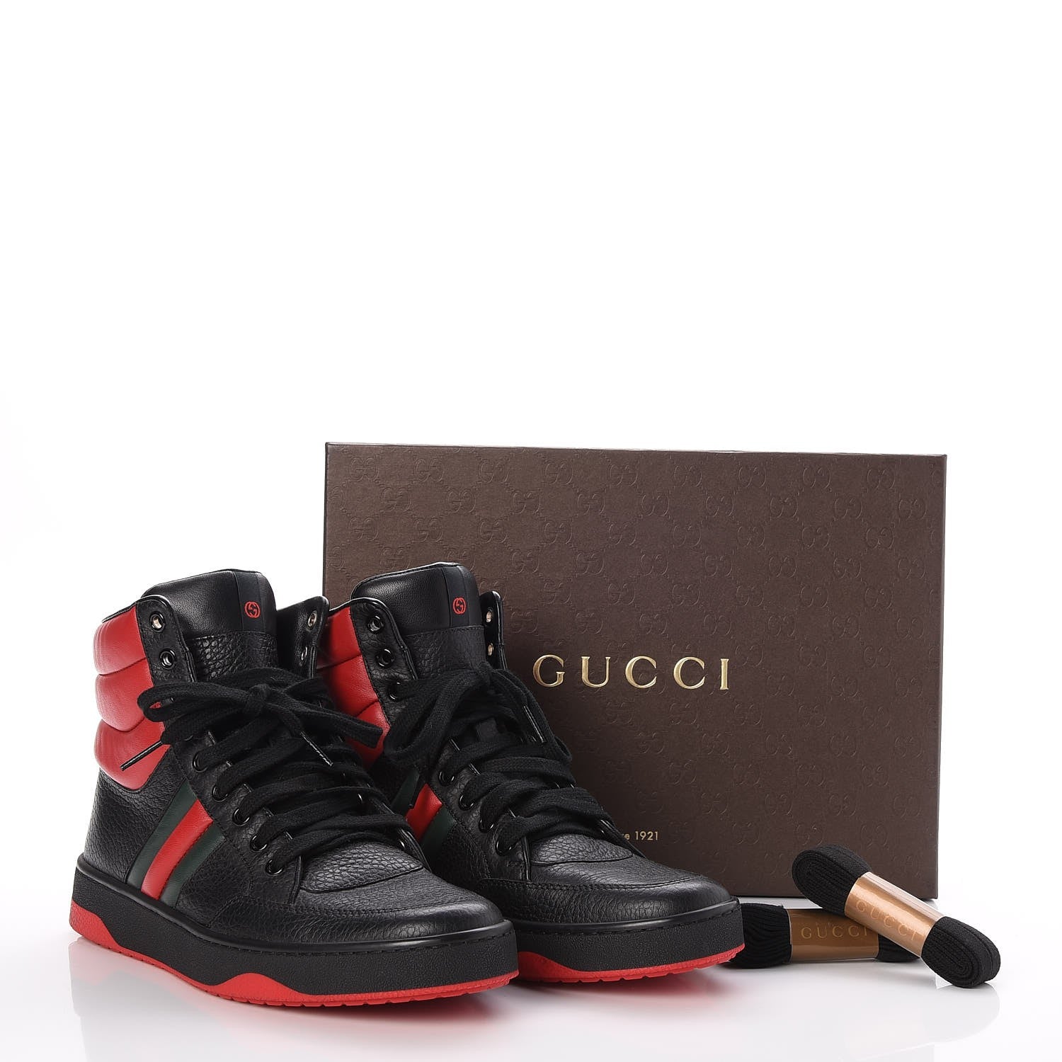 Gucci Calfskin New Praga Karibu High Top Sneakers 37.5 Black Red Green 9 of 9