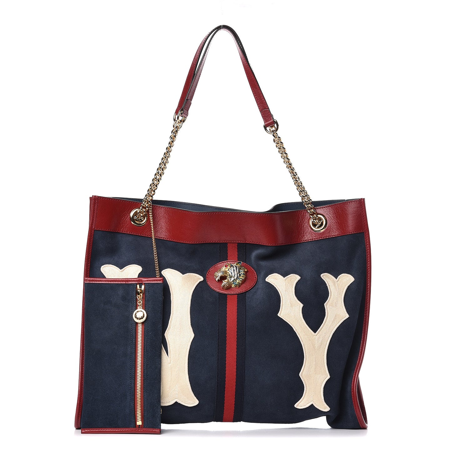 X MLB Suede Calfskin NY Yankees Large Rajah Chain Tote New Blue Romantic Cherry