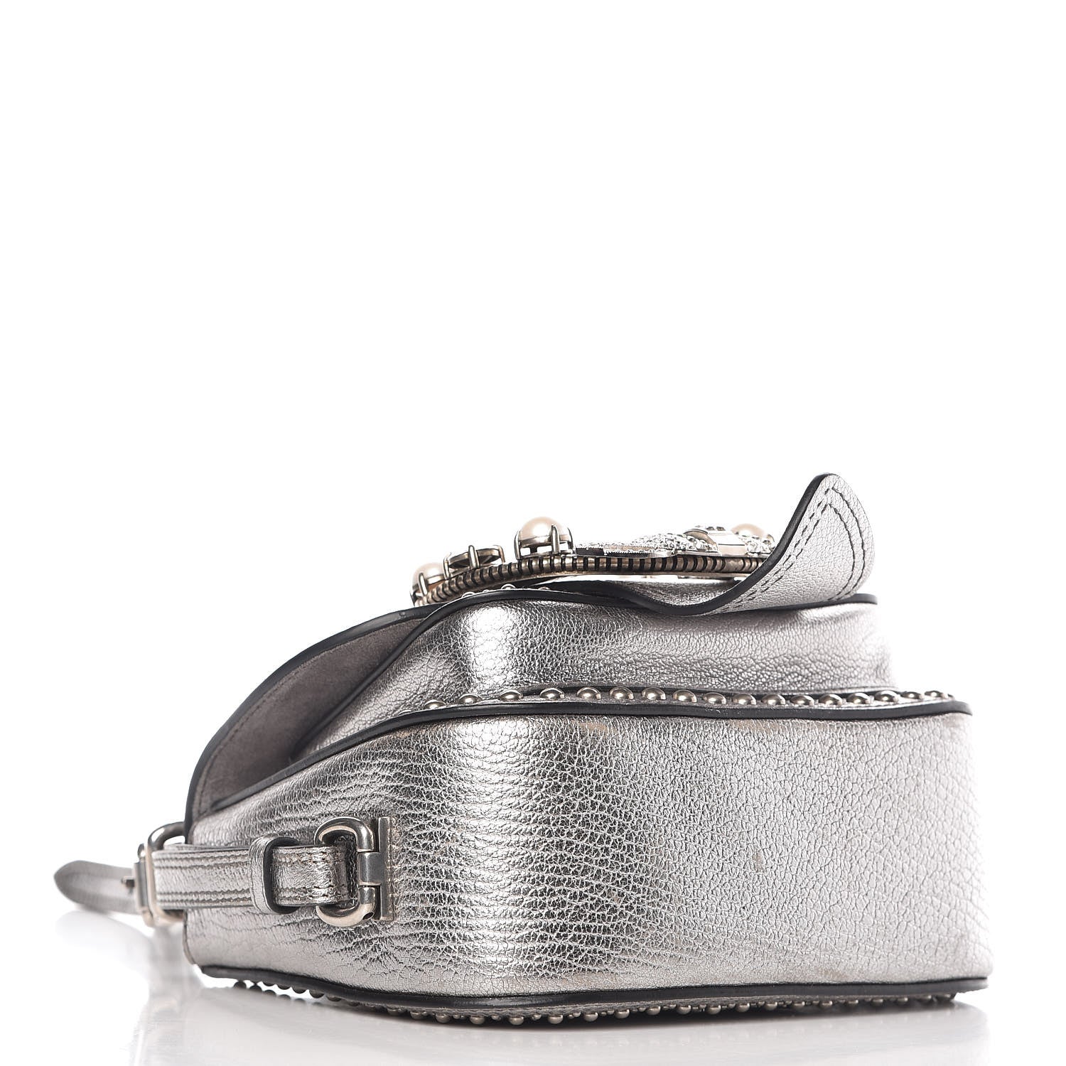 Miu Miu Metallic Goatskin Madras Stud Embellished Buckle Dahlia Shoulder Bag Chrome 9 of 20
