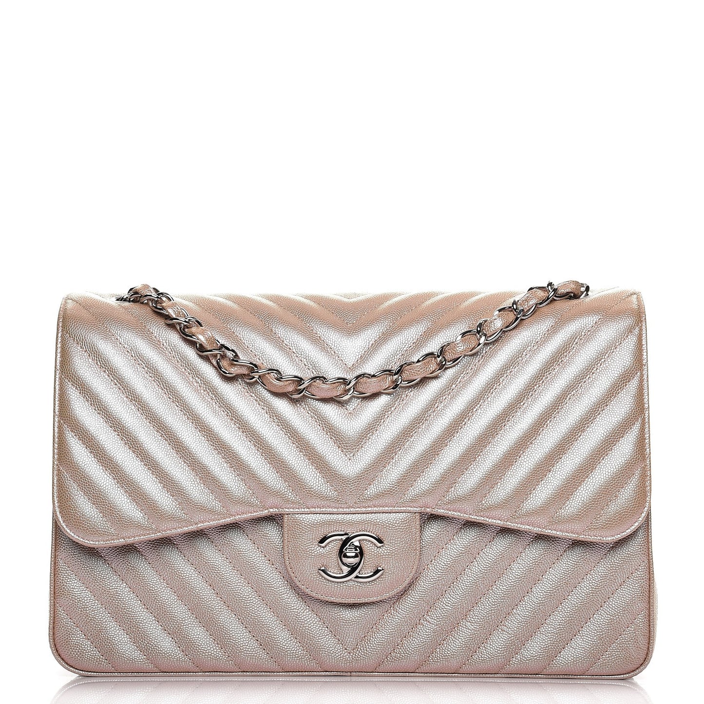 Metallic Caviar Chevron Quilted Jumbo Double Flap Light Gold