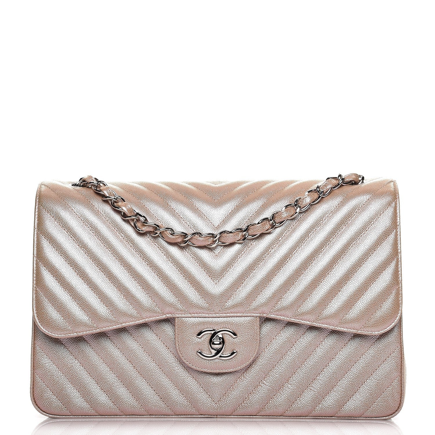 Chanel Metallic Caviar Chevron Quilted Jumbo Double Flap Light Gold 1 of 7