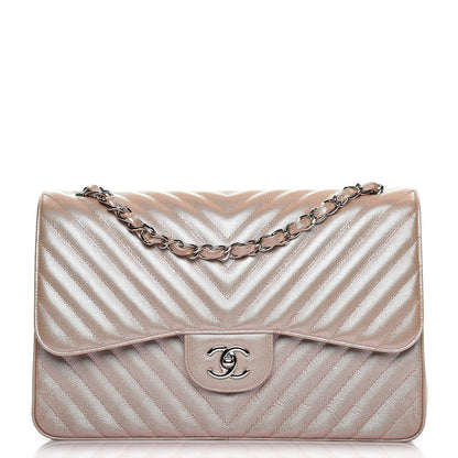 Chanel Metallic Caviar Chevron Quilted Jumbo Double Flap Light Gold 1 of 7