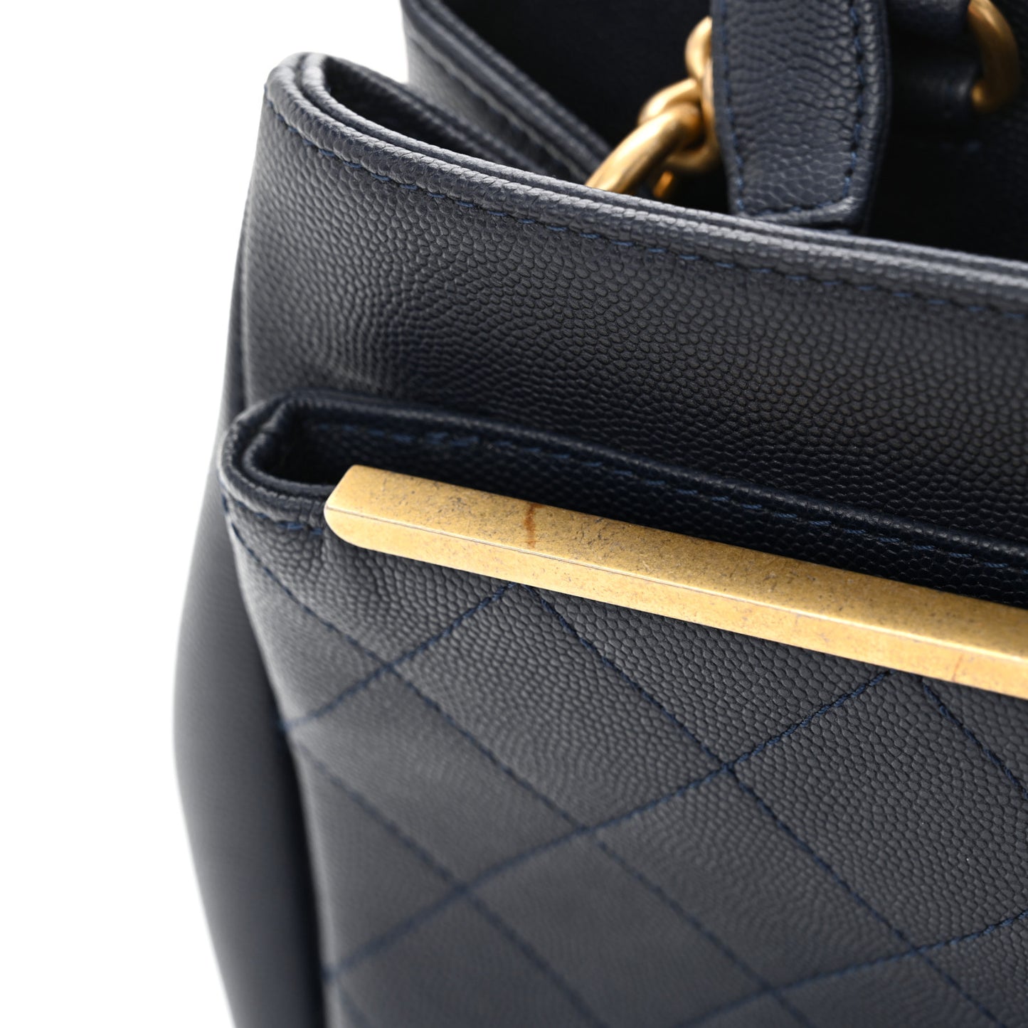 Grained Calfskin Stitched Small Lady Coco Top Handle Tote Navy