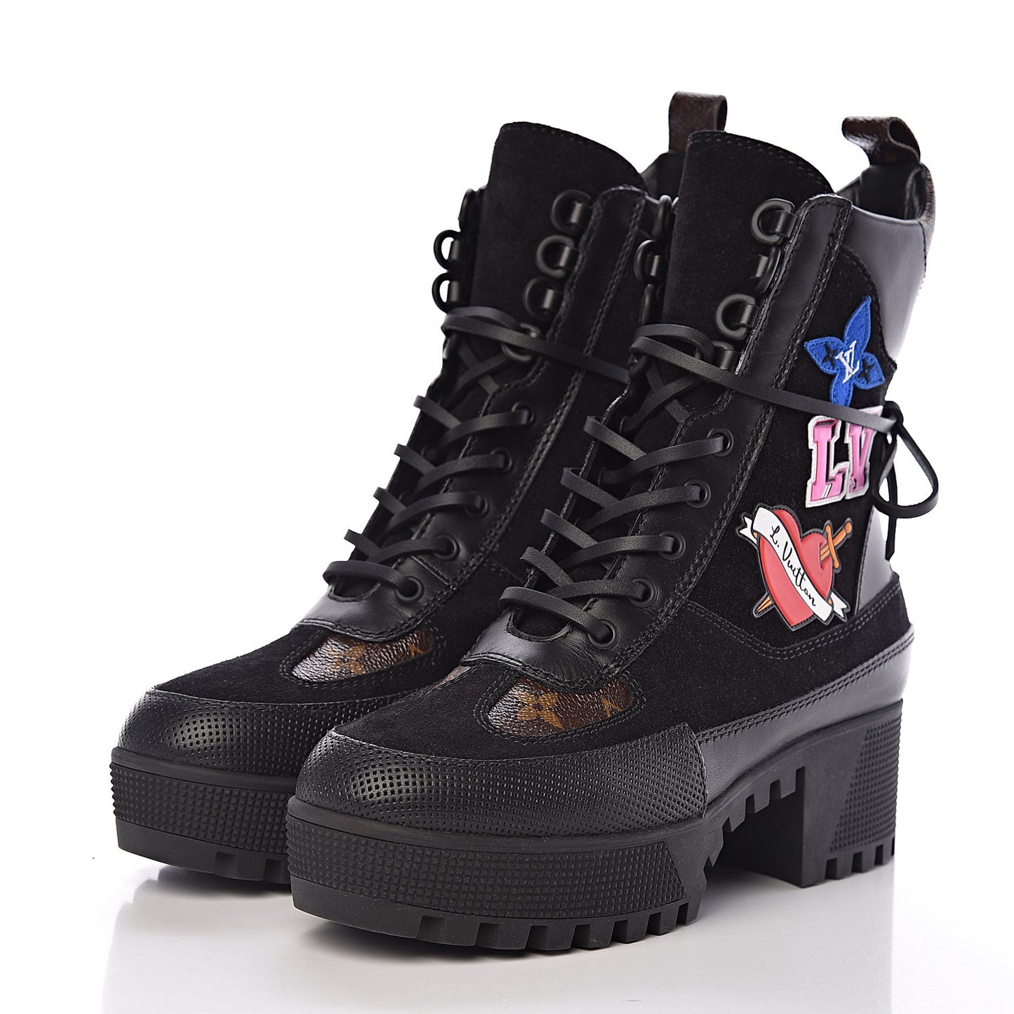 Suede Calfskin Monogram LV Black Heart Laureate Platform Desert Boots 37 Black