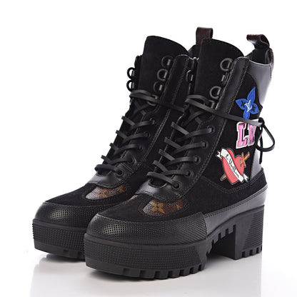 Louis Vuitton Suede Calfskin Monogram LV Black Heart Laureate Platform Desert Boots 37 Black 3 of 9