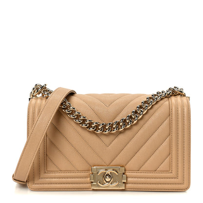 Chanel Caviar Chevron Quilted Medium Boy Flap Beige 1 of 11