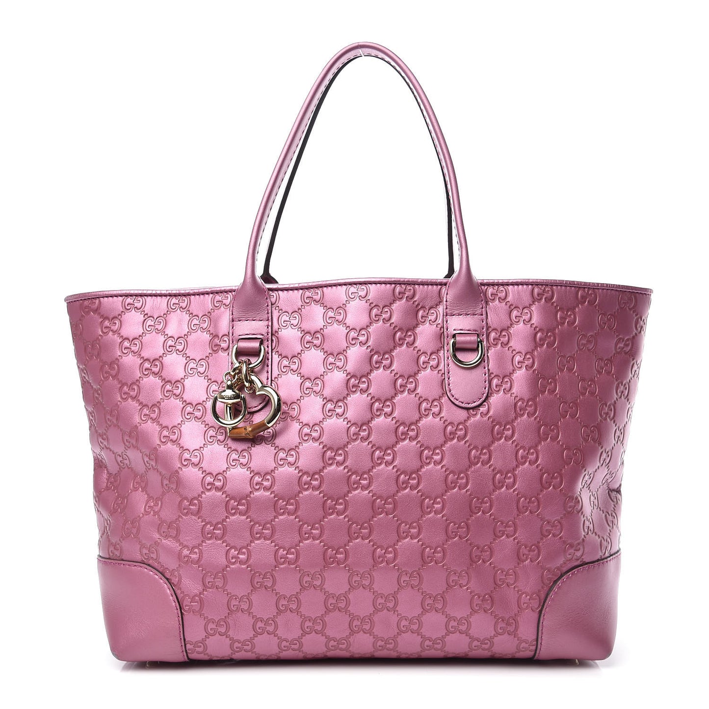 Metallic Soft Guccissima Large Heart Bit Charm Top Handle Tote Fresia Rose