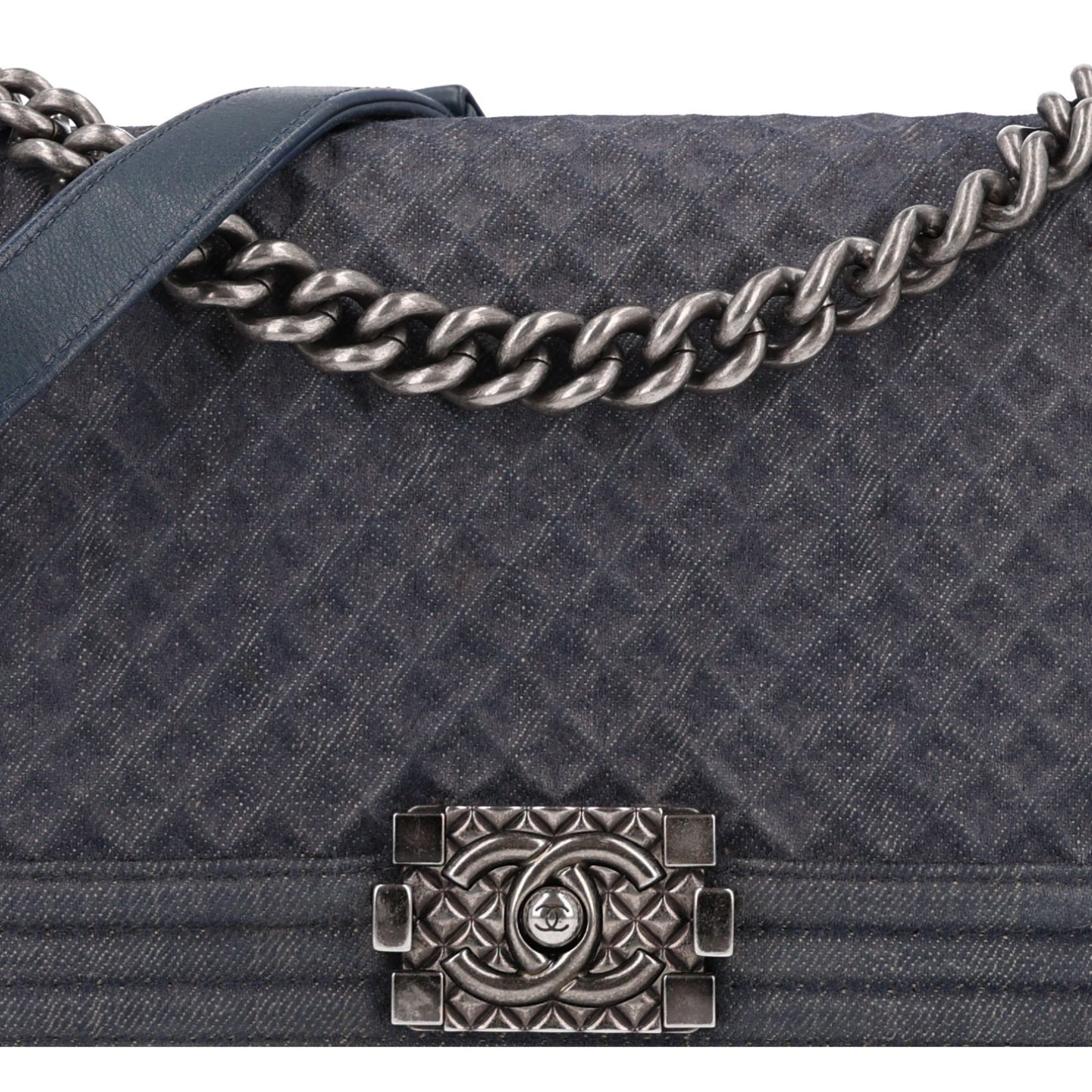 Denim Quilted Embossed Medium Boy Flap Blue