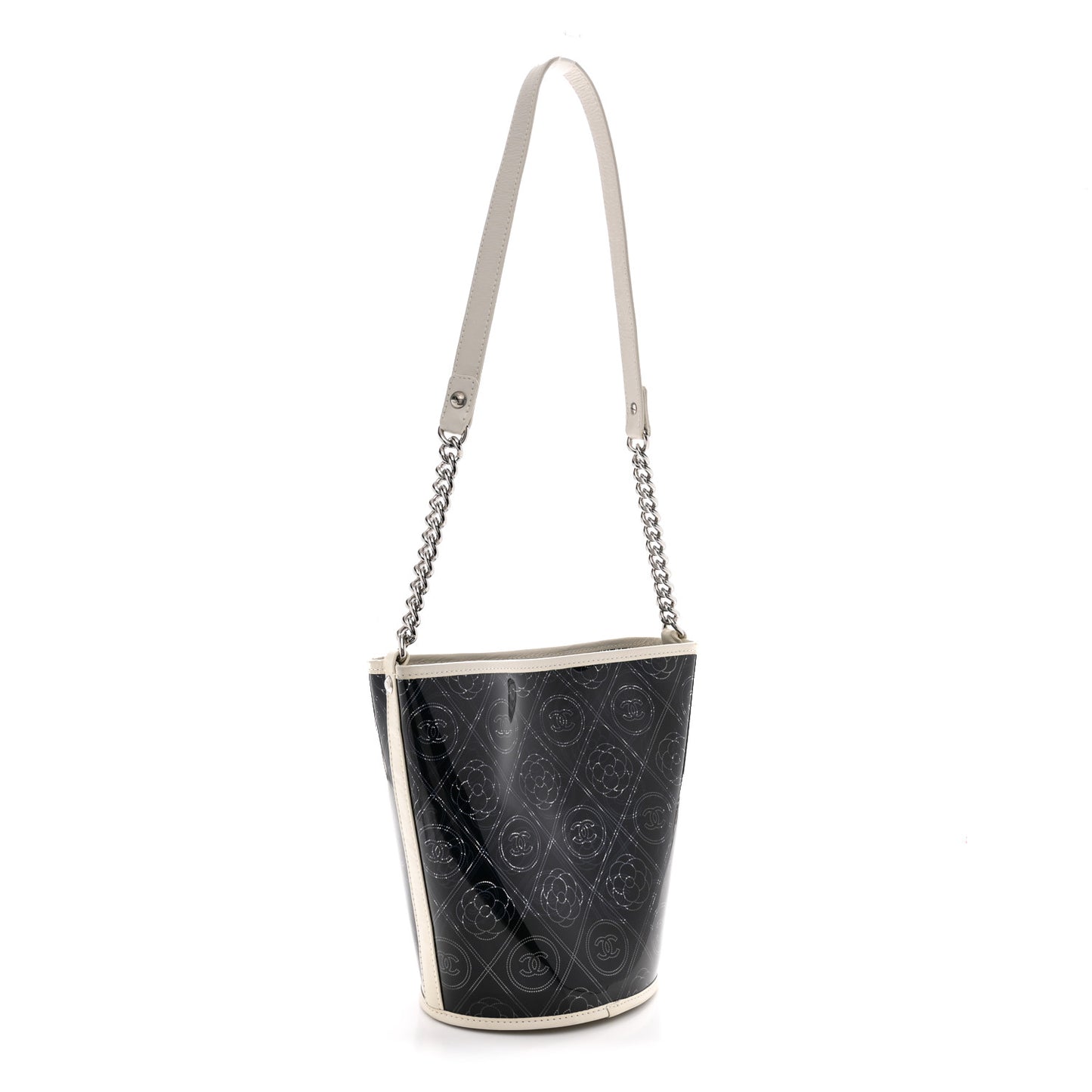 Crumpled Calfskin PVC Camellia Coco Bucket Bag Black White
