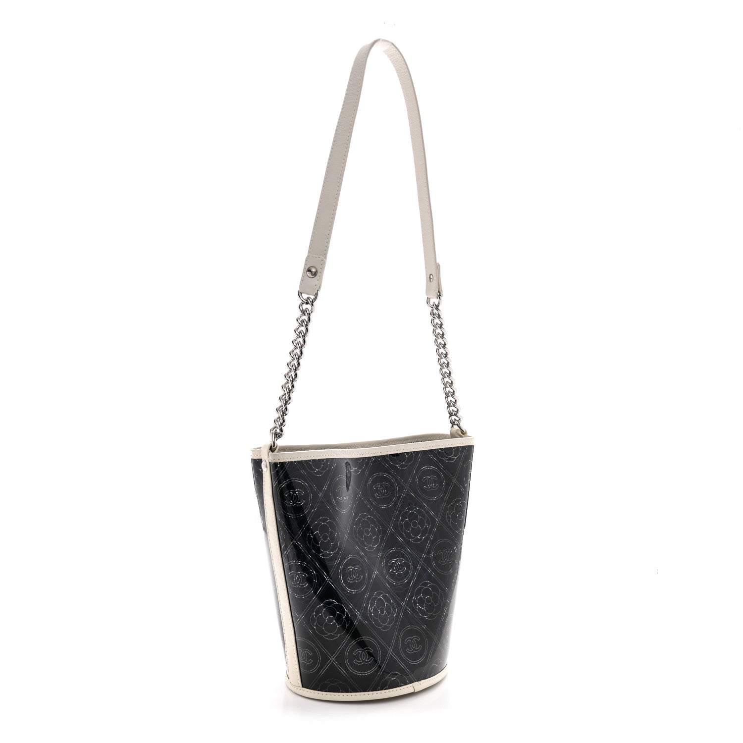 Chanel Crumpled Calfskin PVC Camellia Coco Bucket Bag Black White 3 of 10
