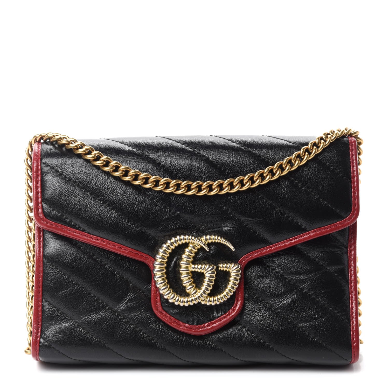 Gucci Vintage Effect Calfskin Matelasse Diagonal Torchon GG Marmont Chain Wallet Black Romantic Cherry 1 of 13