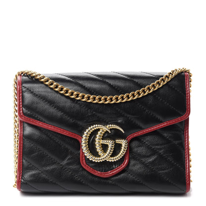 Gucci Vintage Effect Calfskin Matelasse Diagonal Torchon GG Marmont Chain Wallet Black Romantic Cherry 1 of 28