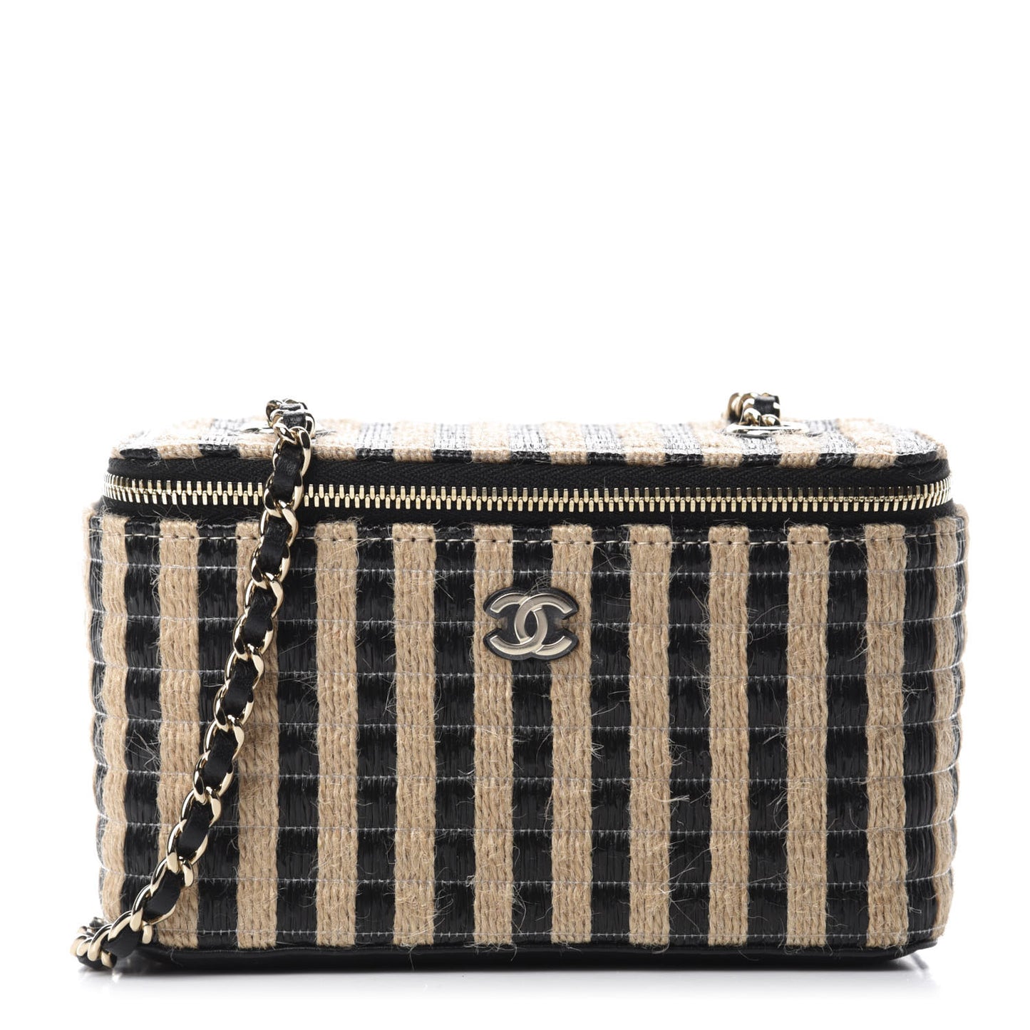 Raffia Jute Striped Small Vanity Case With Chain Black Beige