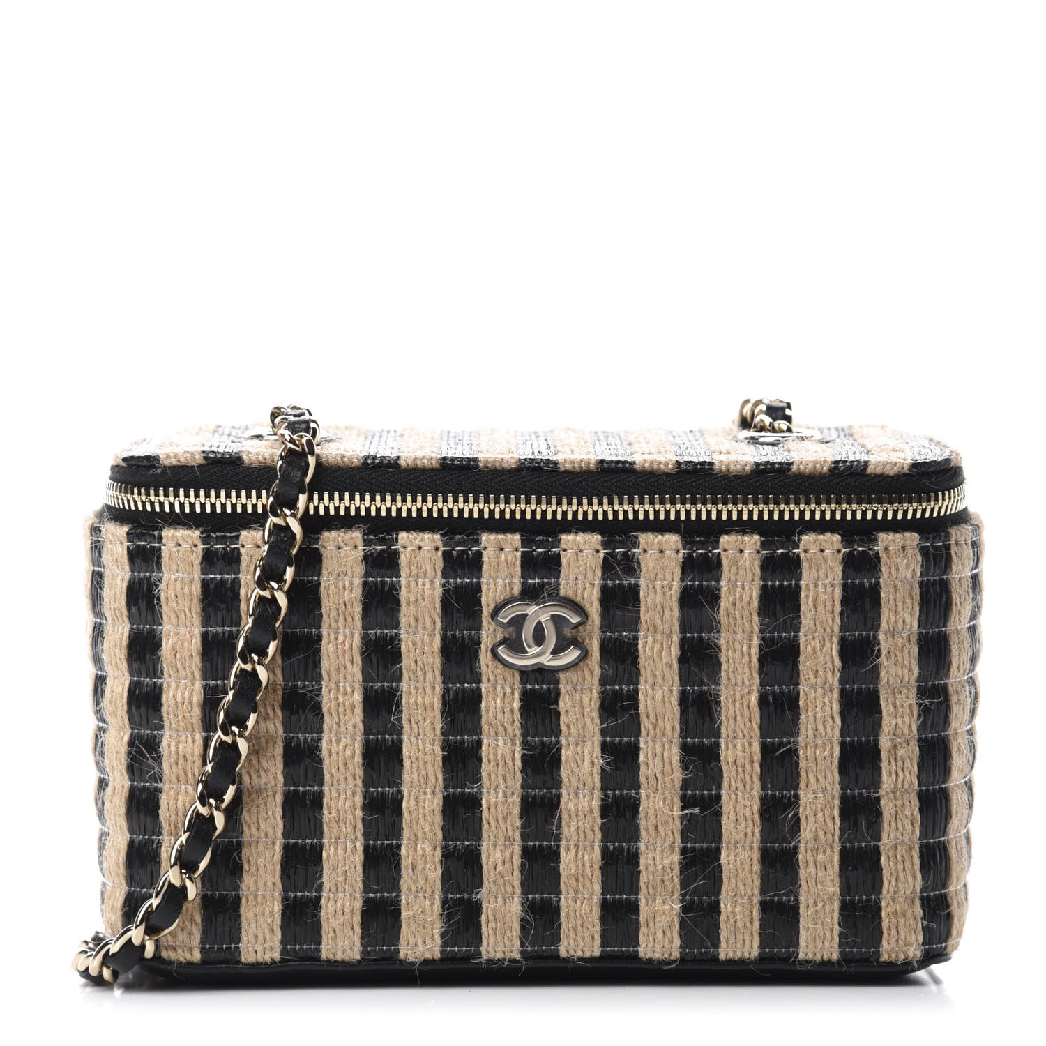 Chanel Raffia Jute Striped Small Vanity Case With Chain Black Beige 1 of 11