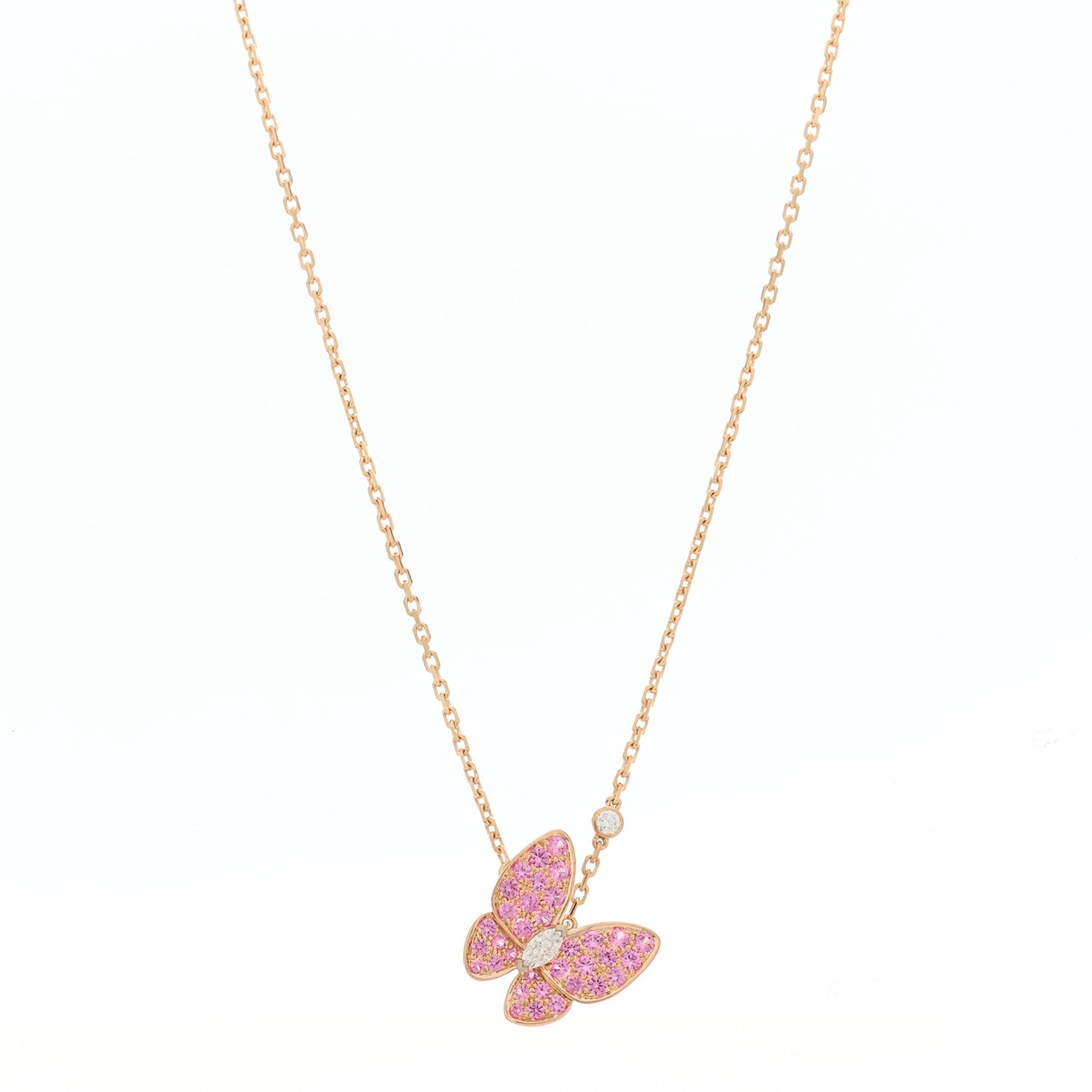 18K Rose Gold Diamond Pink Sapphire Two Butterfly Pendant Necklace