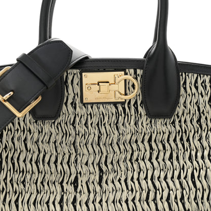 Salvatore Ferragamo Raffia Large Studio Bag Black White 7 of 11