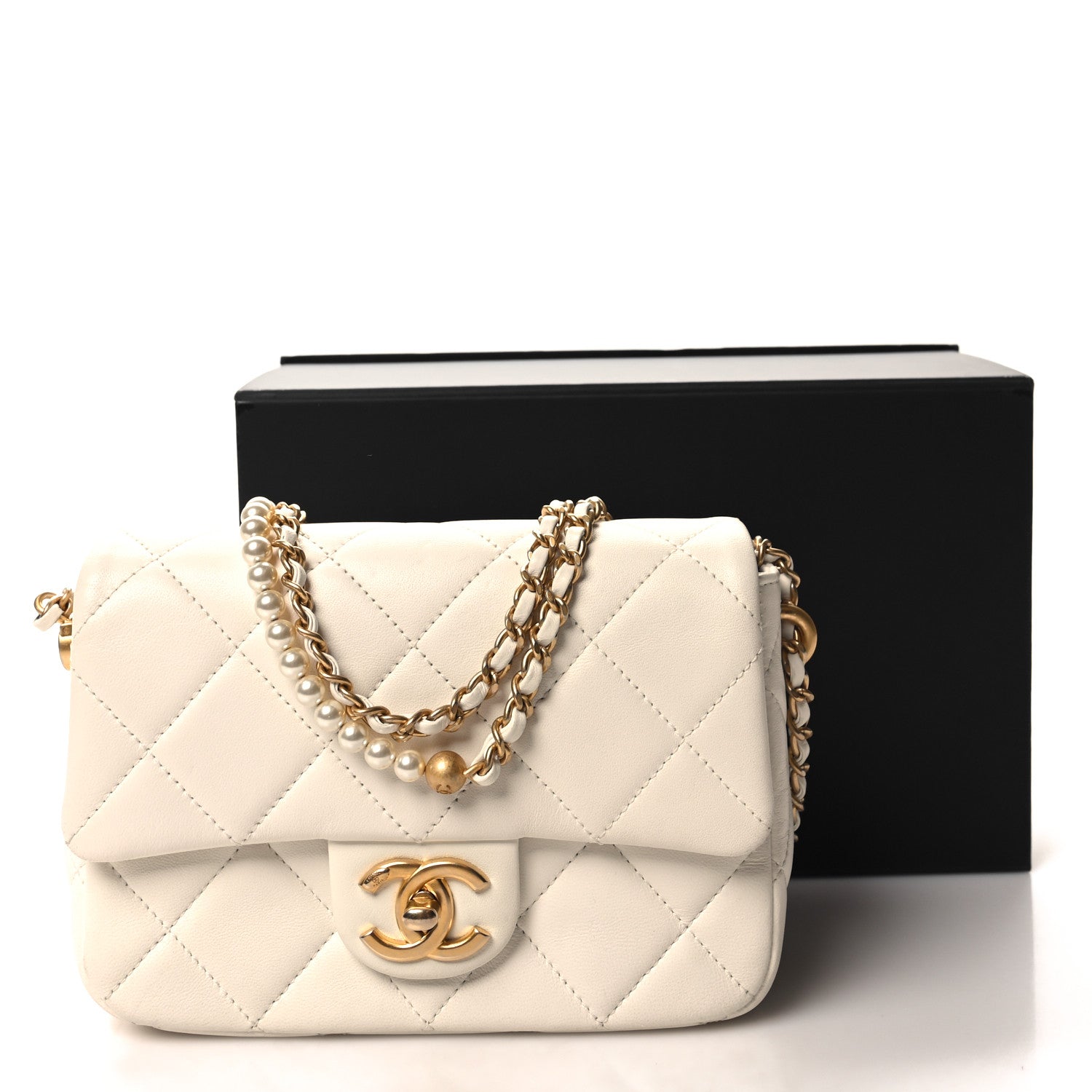 Chanel Shiny Lambskin Quilted Pearl Twist Mini Square Flap White 11 of 11