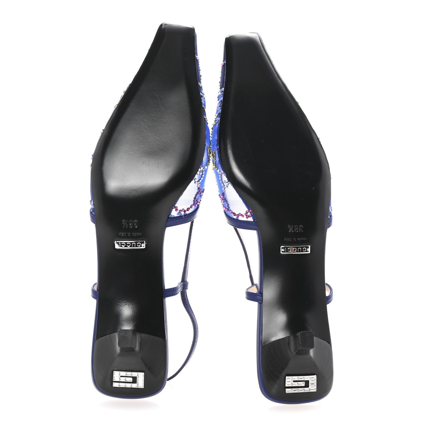 Tela Retino Nappa Charlotte Crystal GG Monogram Square G 35mm Slingback Pumps 38.5 Splash Net Blue Witch