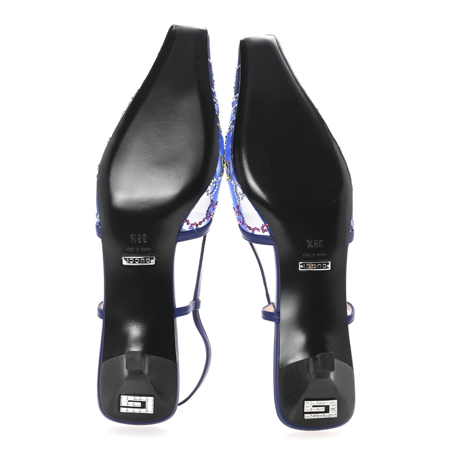 Gucci Tela Retino Nappa Charlotte Crystal GG Monogram Square G 35mm Slingback Pumps 38.5 Splash Net Blue Witch 6 of 9
