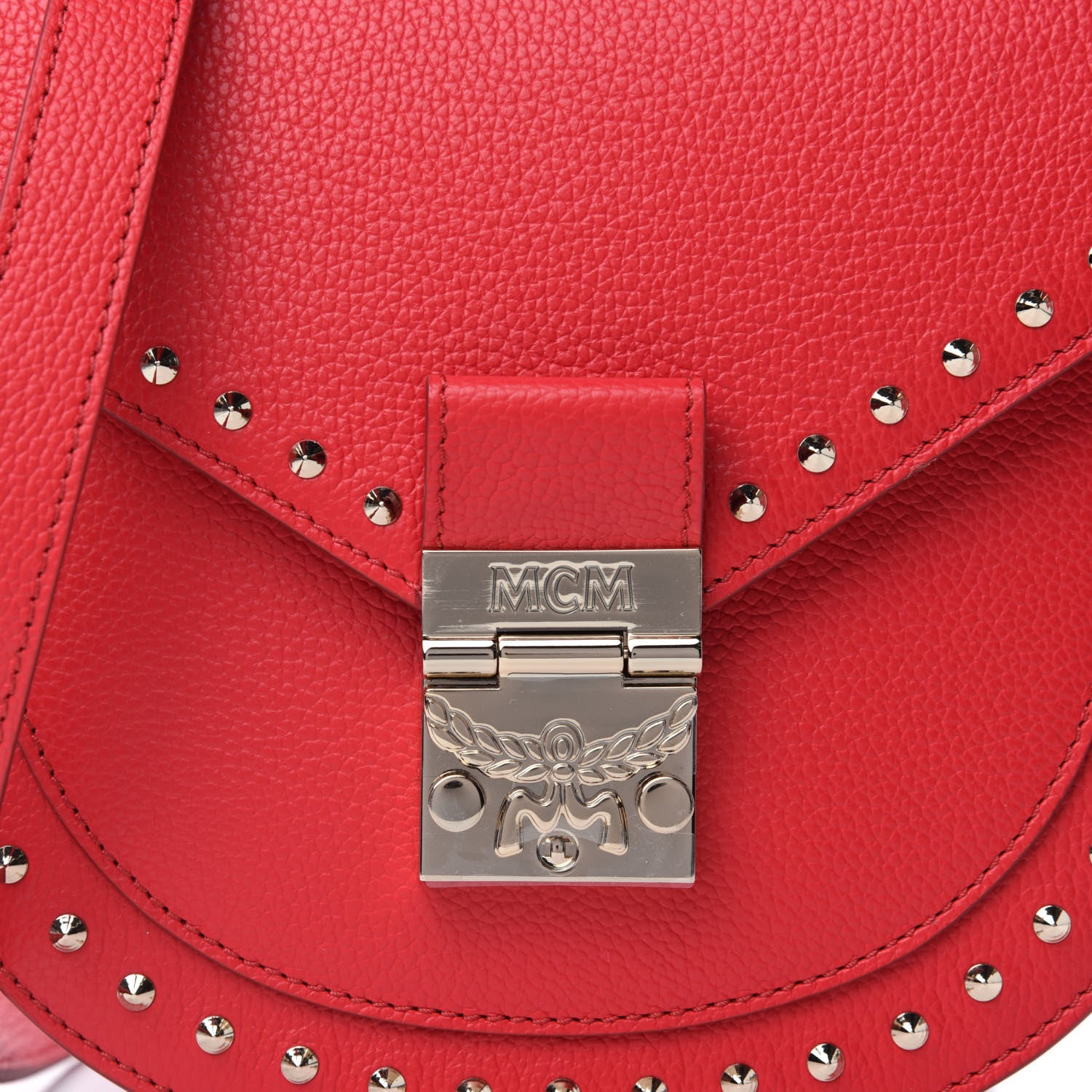 MCM Grained Calfskin Small Patricia Studded Crossbody Bag Chinese Red 10 of 10