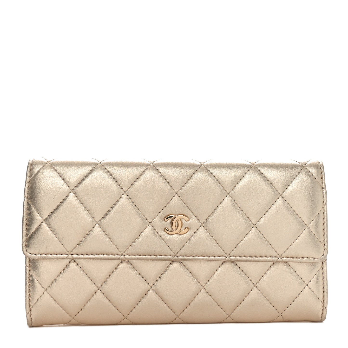 Metallic Lambskin Quilted Large Gusset Flap Wallet Gold