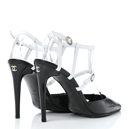 Chanel Crackled Calfskin Patent Ankle Strap Pumps 40 Black White 4 of 11