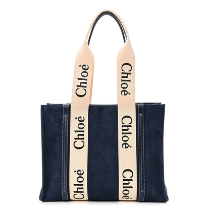 Chloe Suede Calfskin Medium Woody Ribbon Tote Navy 1 of 9