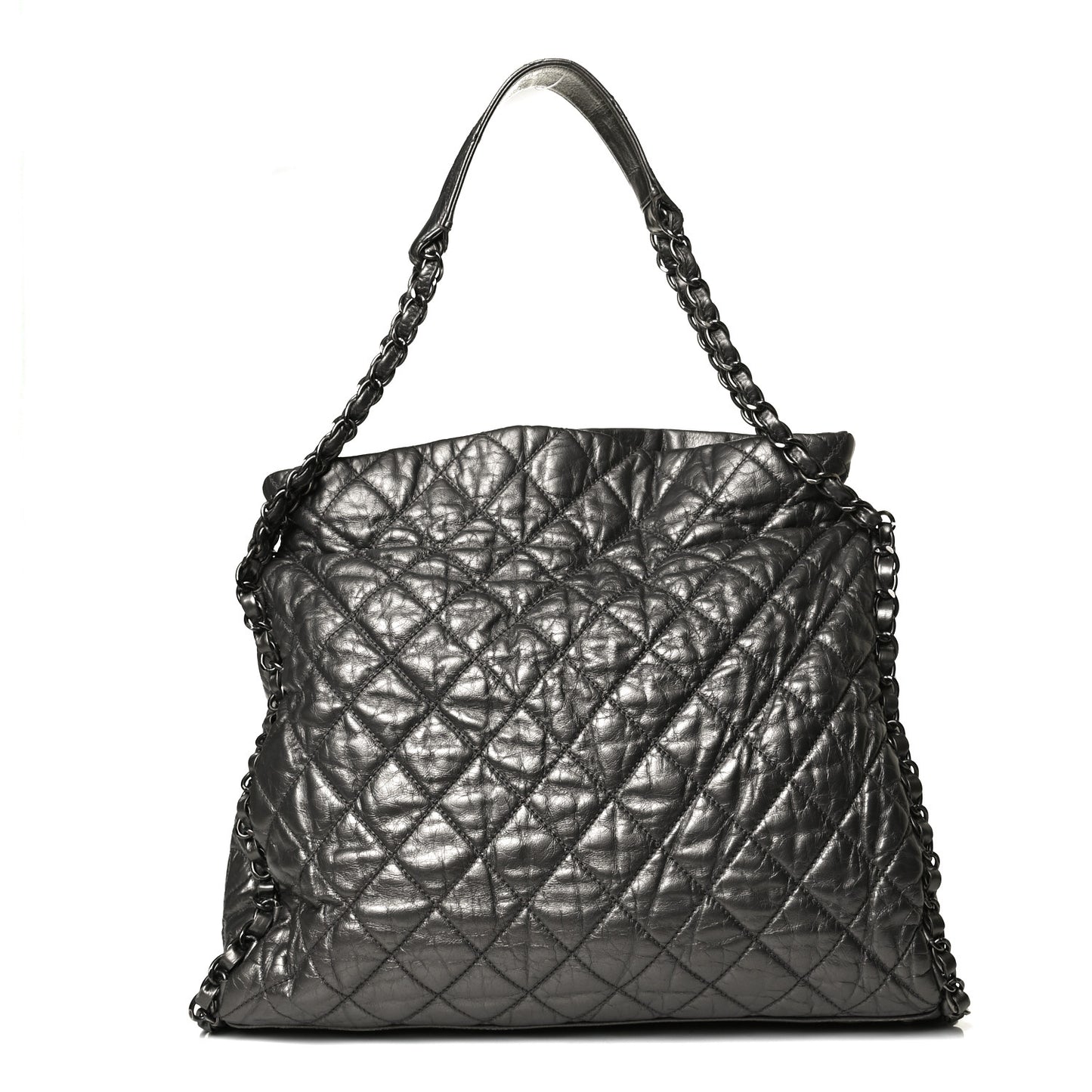 Metallic Calfskin Quilted Medium Chain Me Hobo Dark Silver