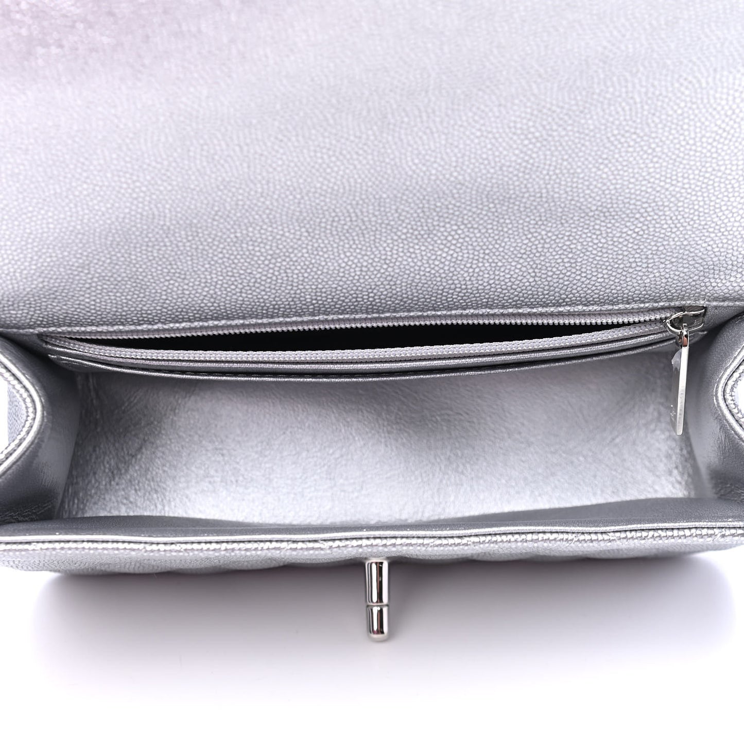 Metallic Caviar Quilted Mini Top Handle Rectangular Flap Silver
