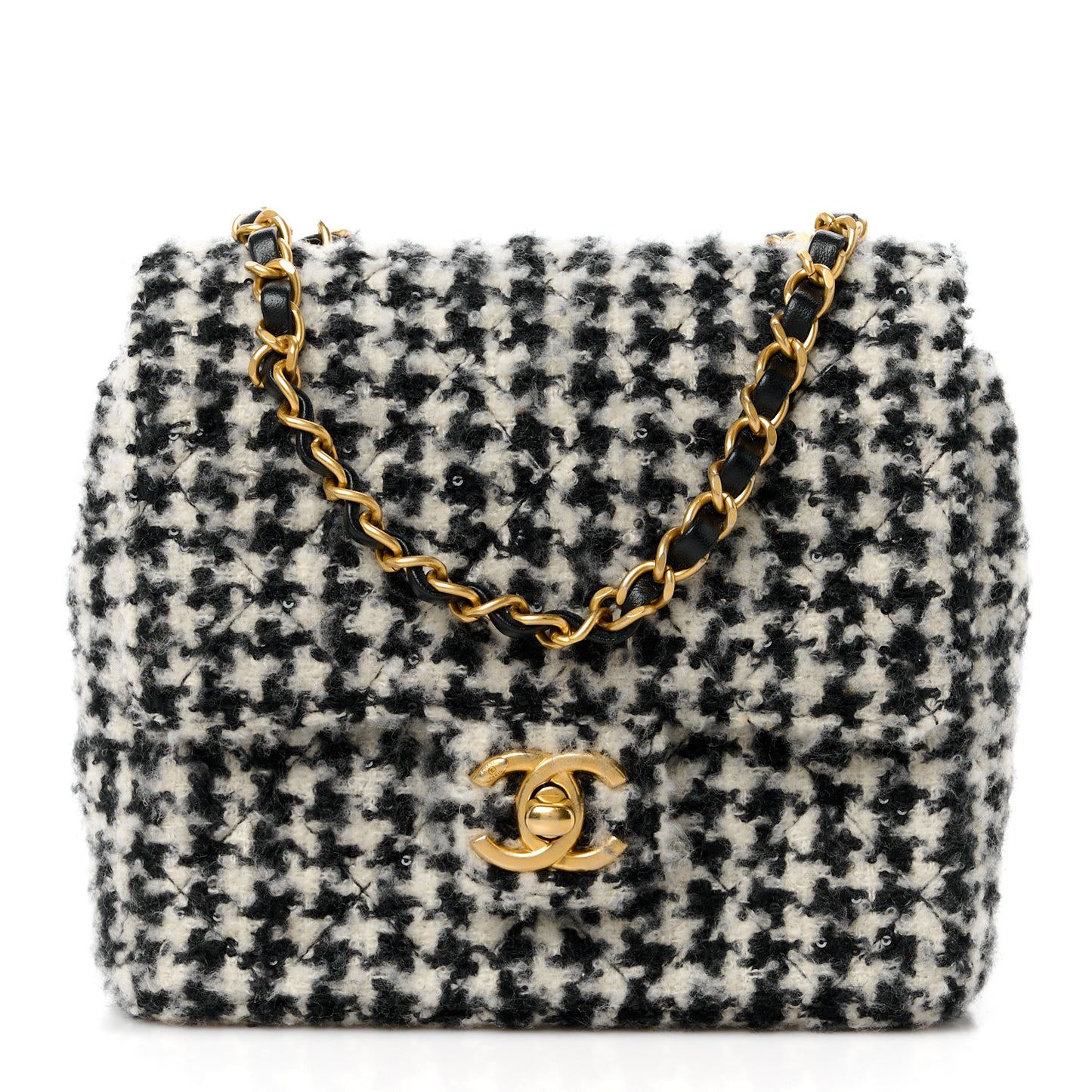 Tweed Houndstooth Quilted Mini Square Flap White Black