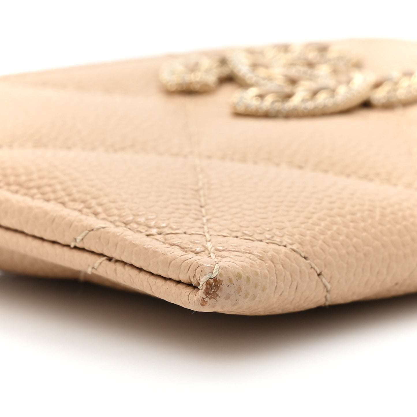 Caviar Quilted Crystal Card Holder Beige