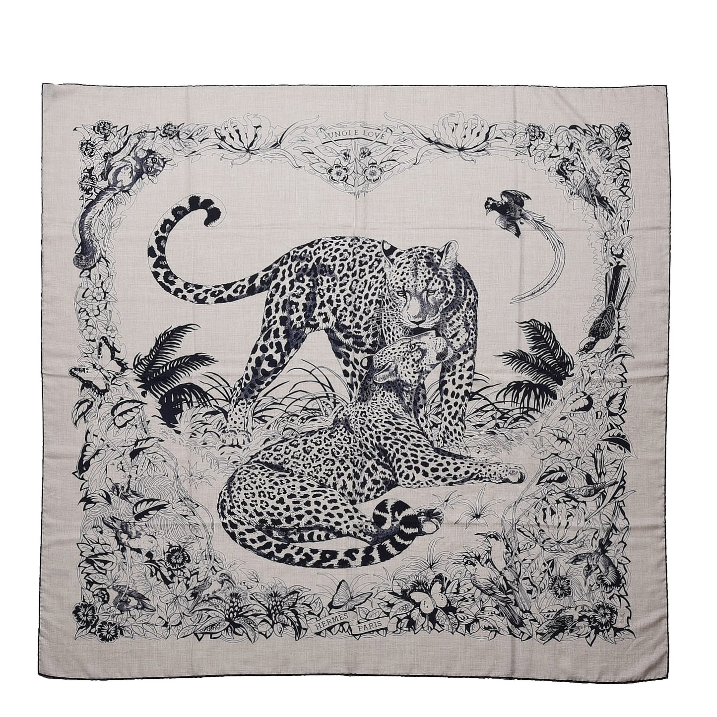 Cashmere Silk Jungle Love Tattoo Shawl 140 Natural Bleu Black
