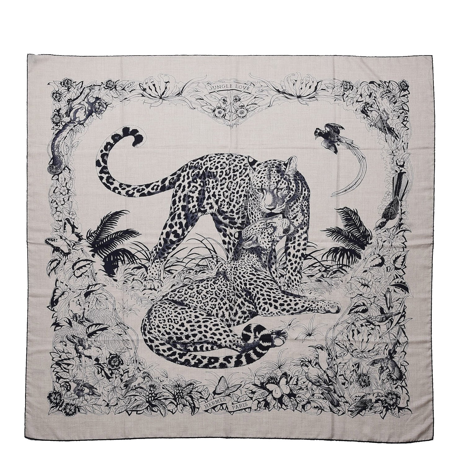 Hermes Cashmere Silk Jungle Love Tattoo Shawl 140 Natural Bleu Black 1 of 7