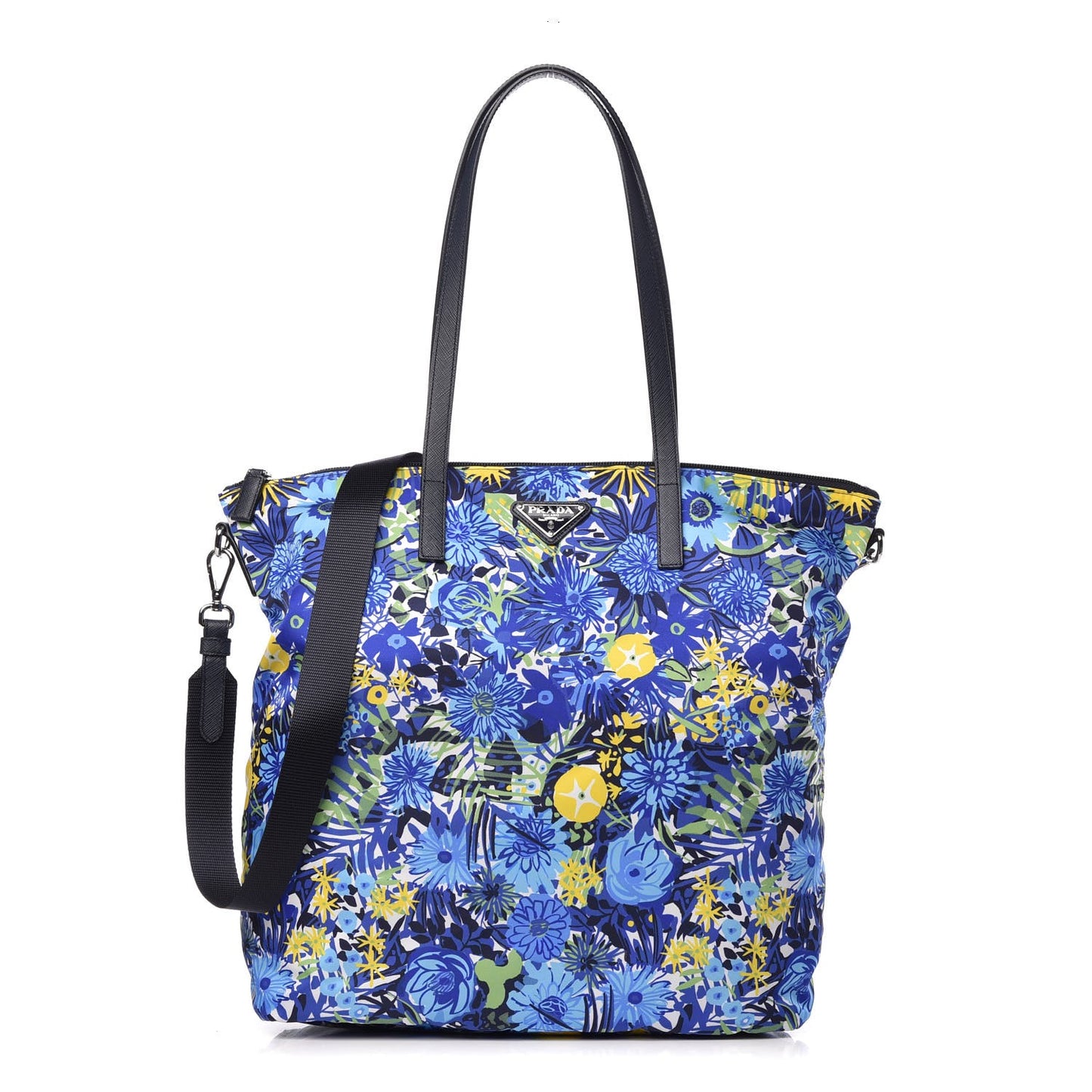 Tessuto Nylon Saffiano Floral Print Tote Bluette Dis Primule