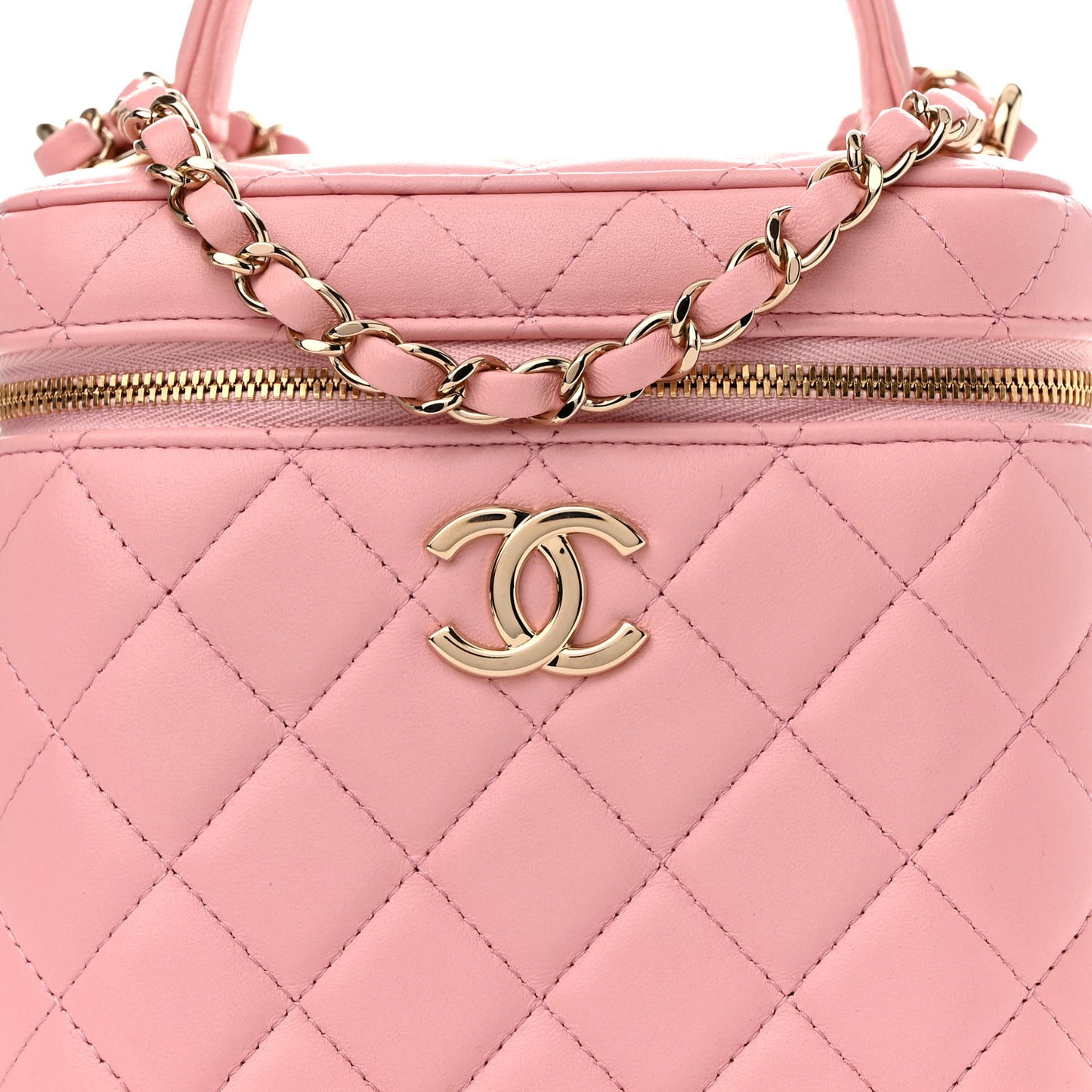 Lambskin Quilted Small Top Handle Vanity Case With Chain Pink