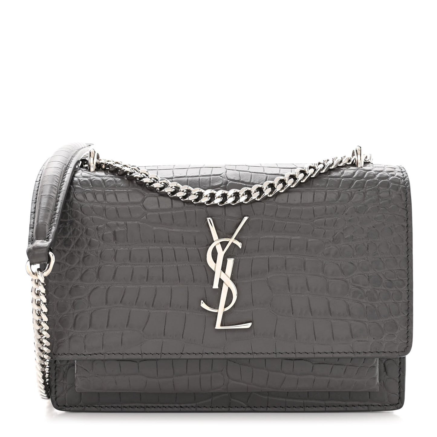 Calfskin Crocodile Embossed Monogram Sunset Chain Wallet Graphite