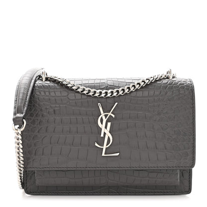 Saint Laurent Calfskin Crocodile Embossed Monogram Sunset Chain Wallet Graphite 1 of 14
