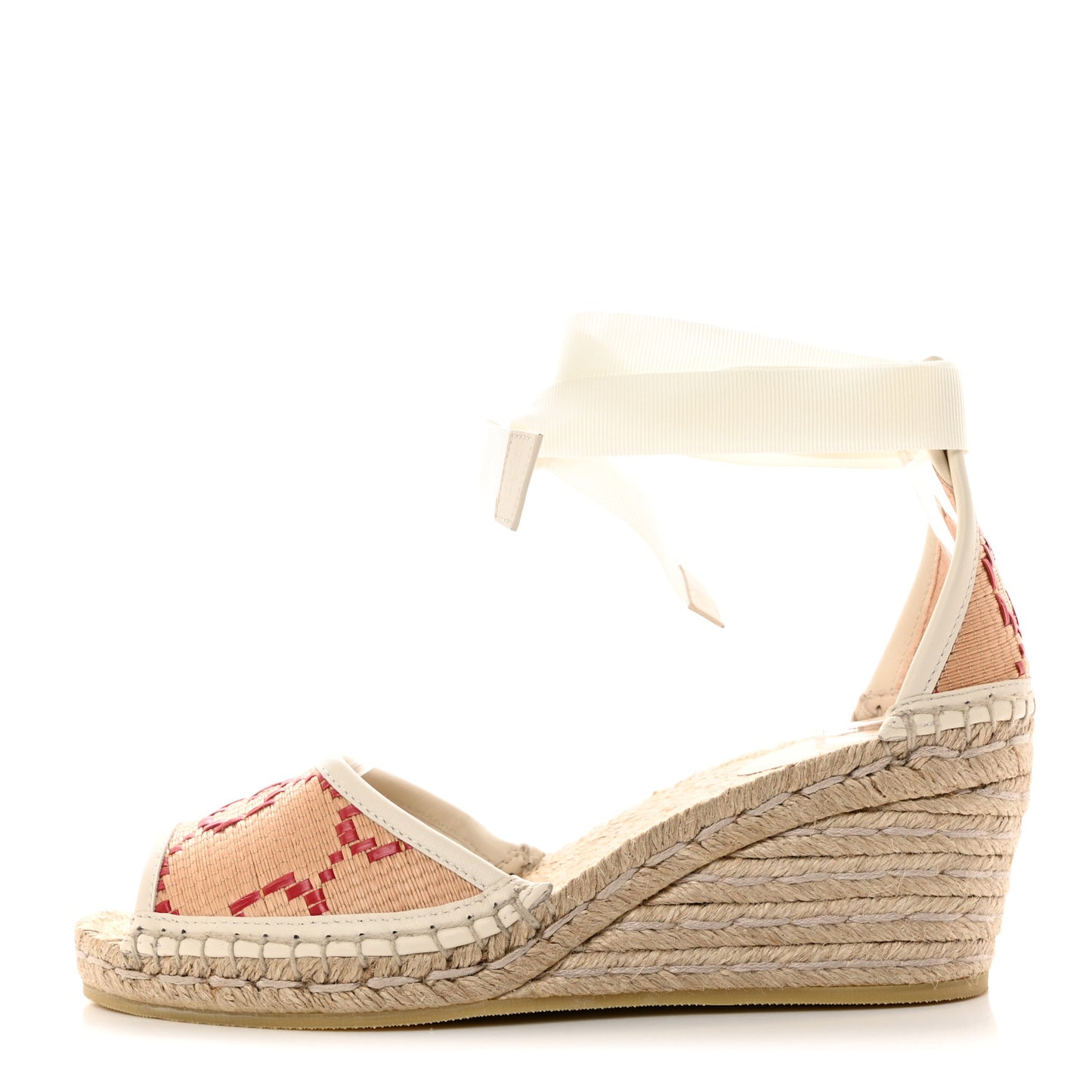 GG Raffia Monogram Ankle Wrap Platform Espadrille Wedge Sandals 37.5 Beige
