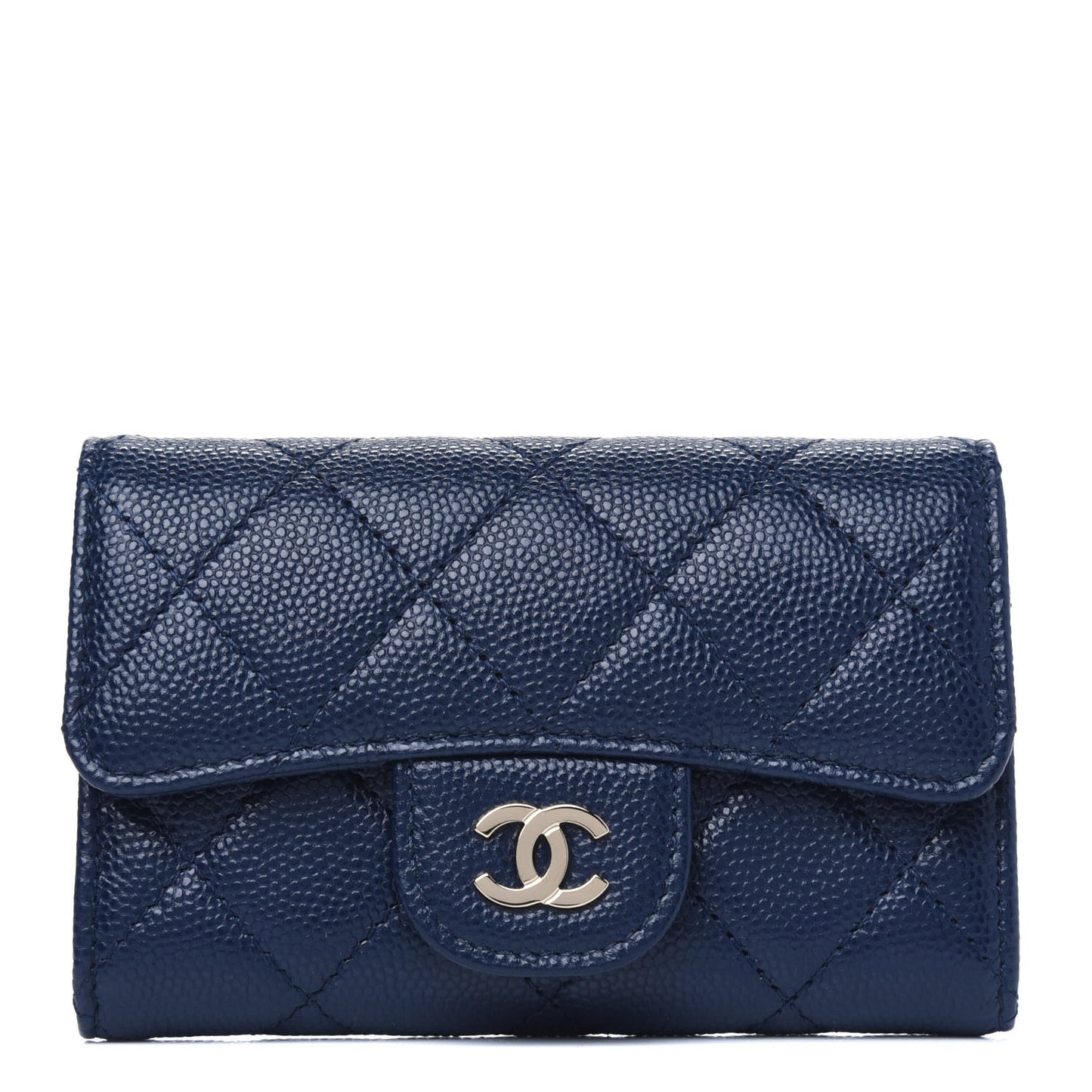 Caviar Quilted Flap Card Holder Wallet Navy Blue