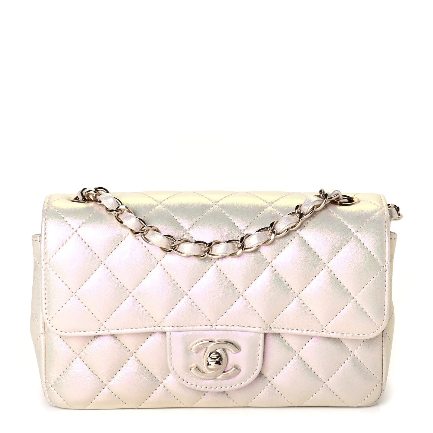 Iridescent Lambskin Quilted Mini Rectangular Flap Ivory