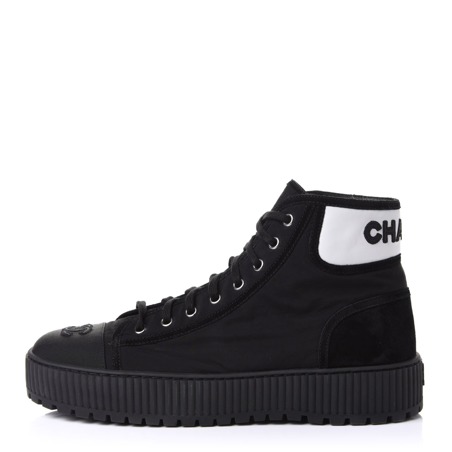 Chanel Fabric Suede Kidskin Grosgrain Lace Up Cap Toe Sneakers 42 Black White 1 of 11