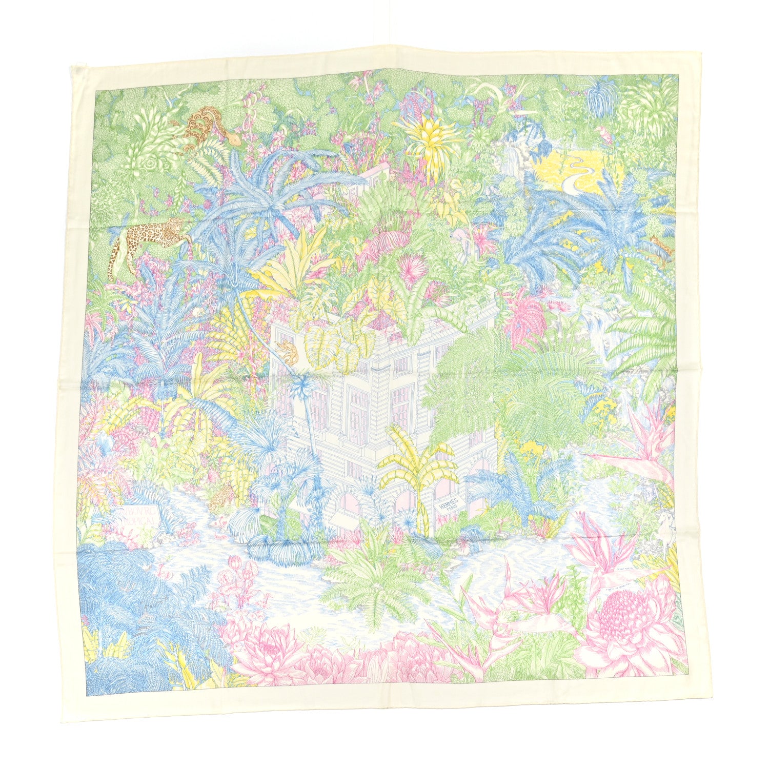 Hermes Cashmere Silk Faubourg Tropical Shawl 140 White Vert Bleu 1 of 5