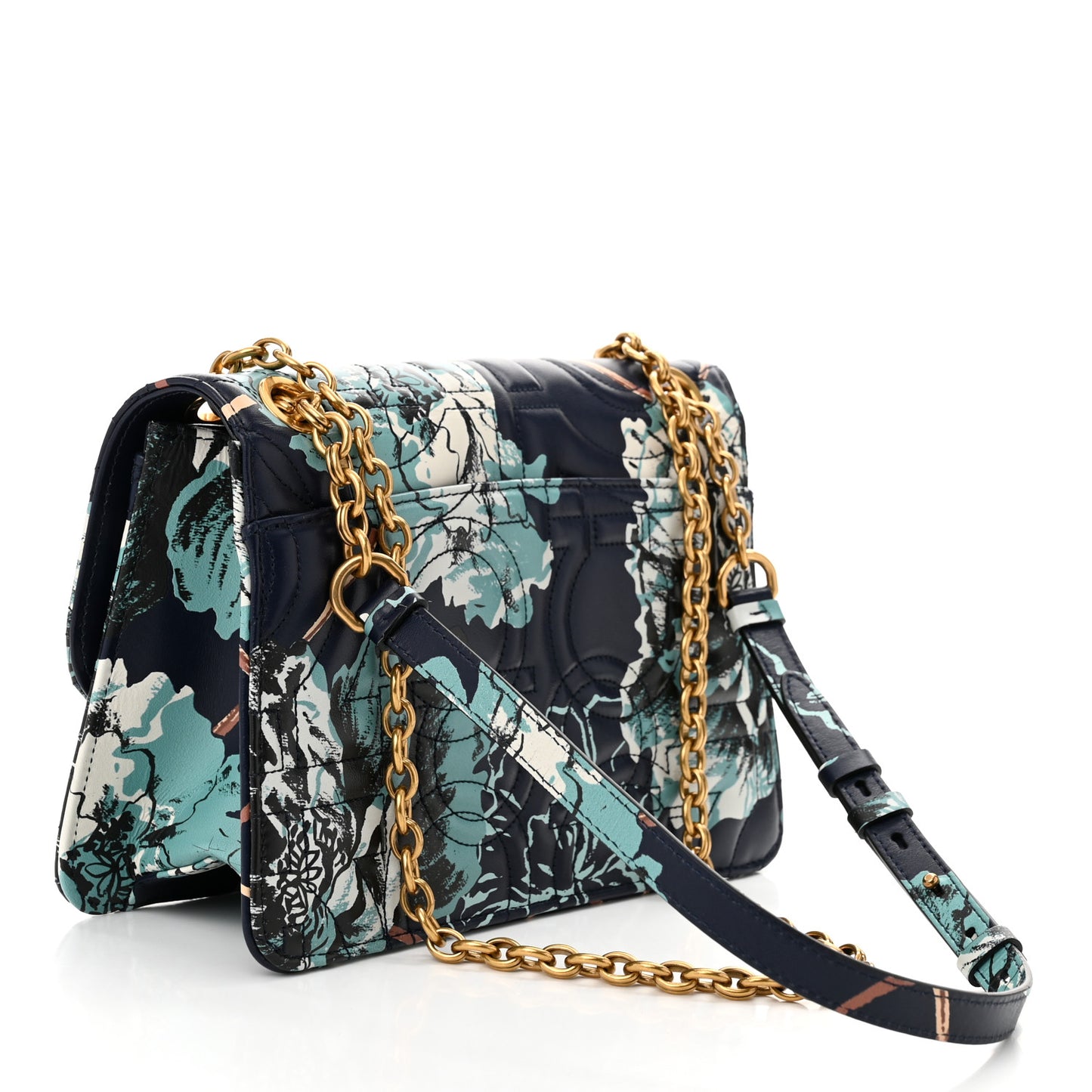 Calfskin Quilted Floral Printed Gancini Flap Bag Blue Multicolor