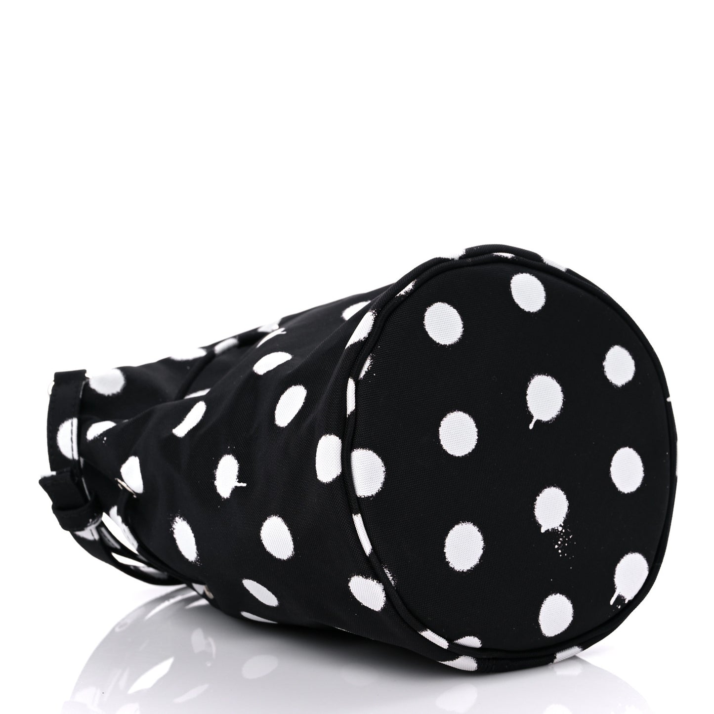 Recycled Sport Nylon Polka Dot Logo Embroidered Wheel Drawstring Bucket Bag Black White