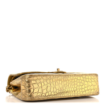 Chanel Metallic Calfskin Crocodile Embossed Cocodile Medium Double Flap Gold 4 of 12