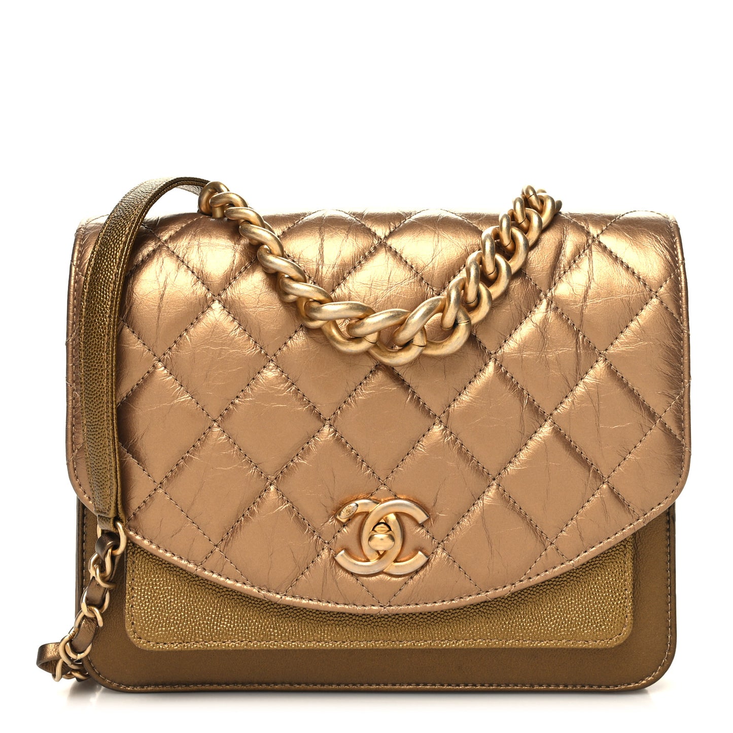 Metallic Calfskin Caviar Quilted Mini Chain Handle Flap Gold